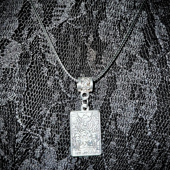 The Lovers Tarot Card Pendant Necklace with an heart on a moon charm for b… - Picture 8 of 14